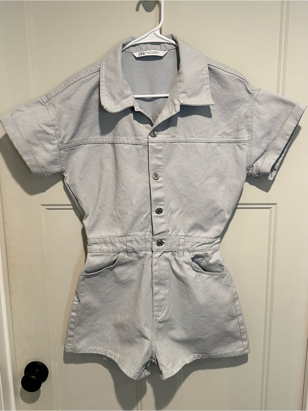 Zara Light Blue Metallic Denim Short Sleeve Romper - Flaw